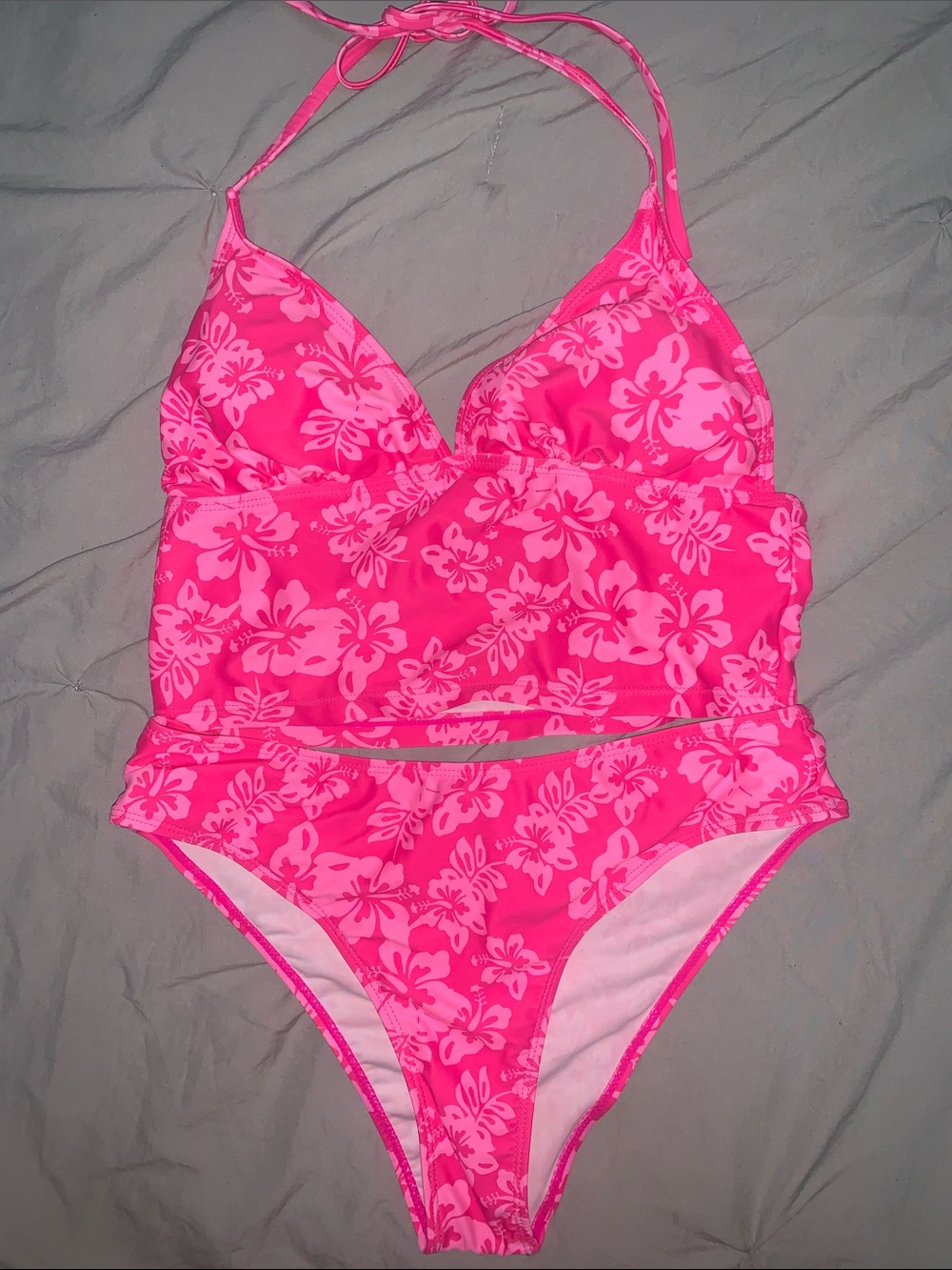 SHEIN Hot Pink Floral Two-Piece Bikini Set